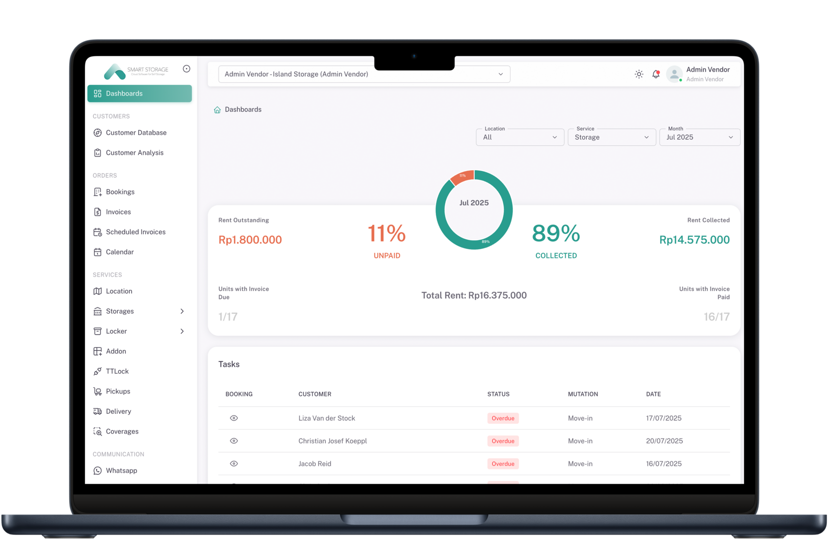 Smart Storage cloud dashboard for managing self-storage units, tenants, and payments